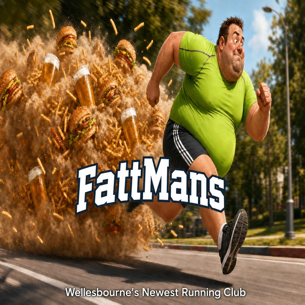 FattMans running club mascot sprinting away from a wave of burgers, fries and beer